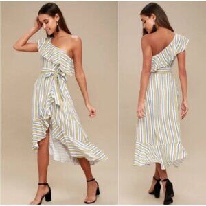 Lulus High Tide One-Shoulder Yellow & White Striped Midi Dress Size Small